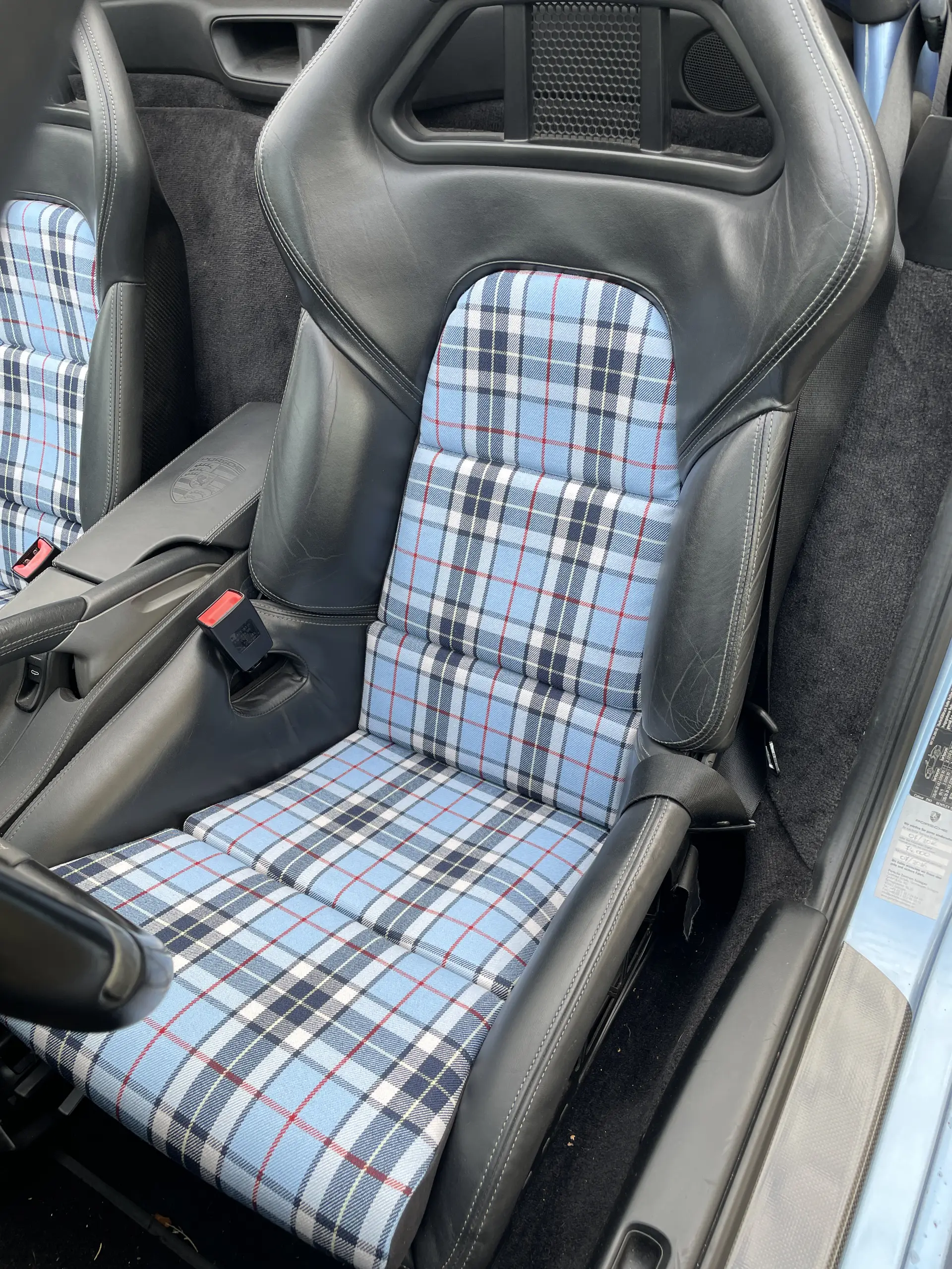 Bezüge für Innenflächen passend für Porsche Sportschalensitz mit Bezugsstoff Schottenkaro hellblau – Bild 3