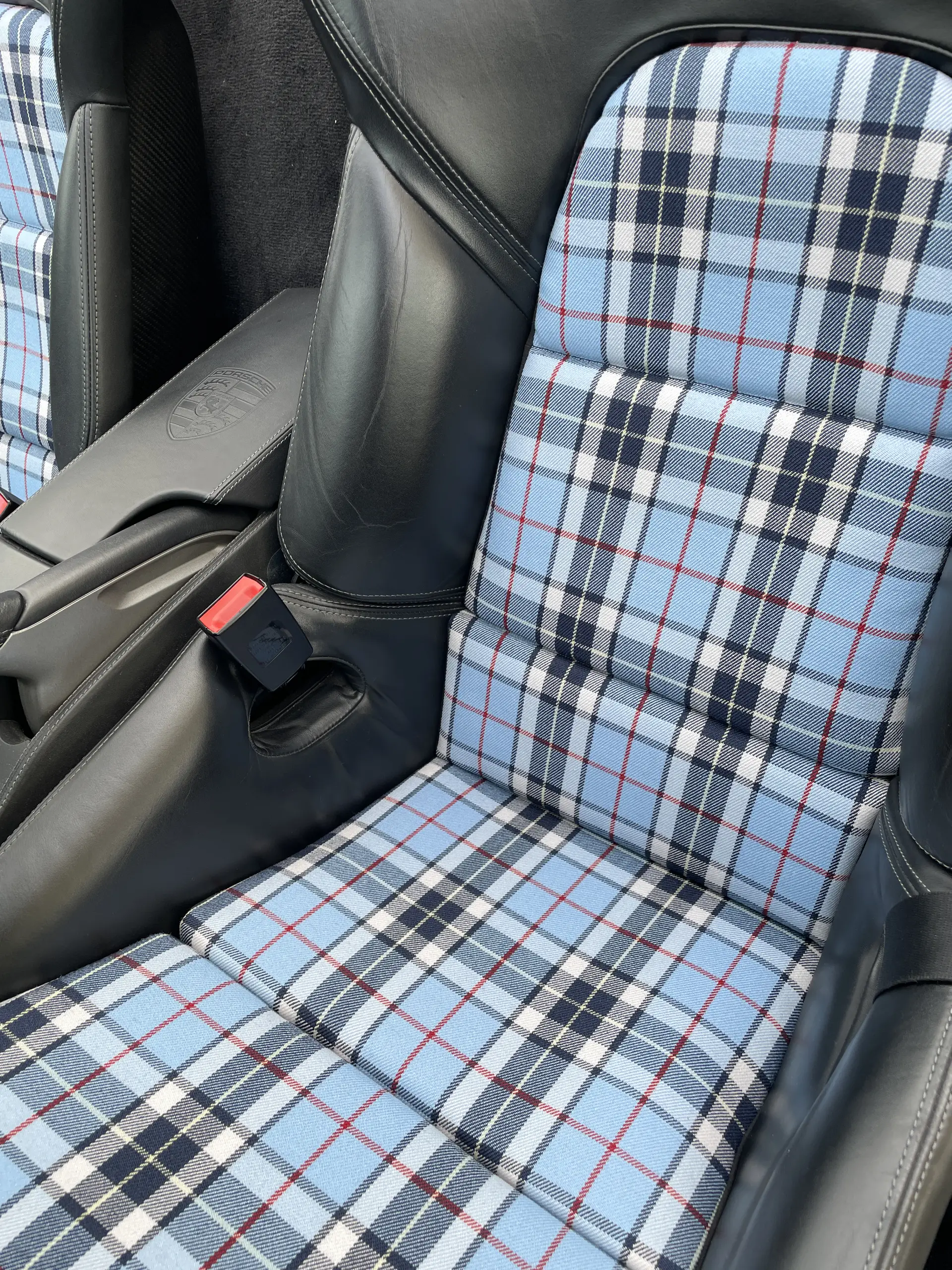 Bezüge für Innenflächen passend für Porsche Sportschalensitz mit Bezugsstoff Schottenkaro hellblau – Bild 4